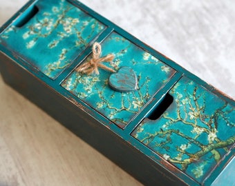 Art Gift Box, Jewelry Box, Tree Box, Wooden Keepsake Box, Turquoise Jewelry Box, Drawer Jewelry Box, Drawer Box, Chest Drawer, Van Gogh Gift