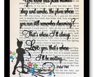 Peter Pan & Wendy Book Page" That's Where I will be Waiting" Vintage Peter Pan and Wendy Book Page, Tinkerbell Prints Peter Pan Book Page