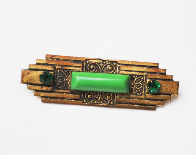 Art Deco Bar Brooch - Gold brass stamped - Green Art Glass -Rhinestone - Vintage C clasp Pin