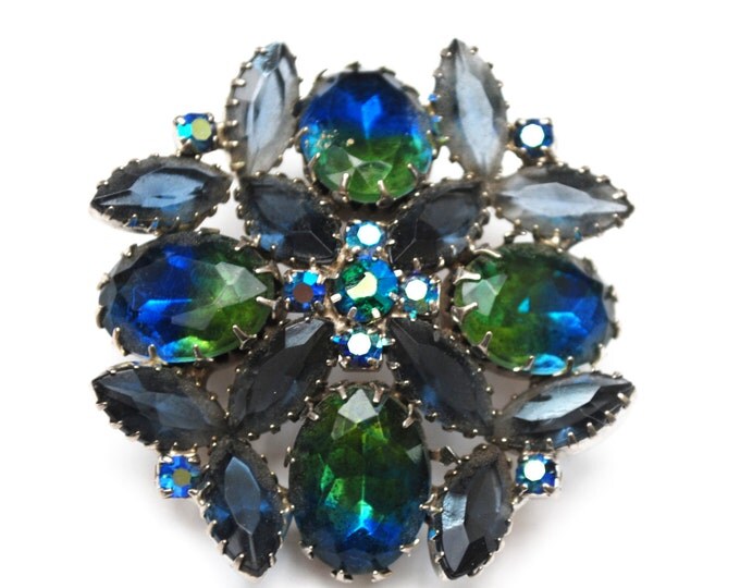 Rhinestone Brooch - Blue Green Givre - open back Navette stones - flower brooch - Juliana style pin