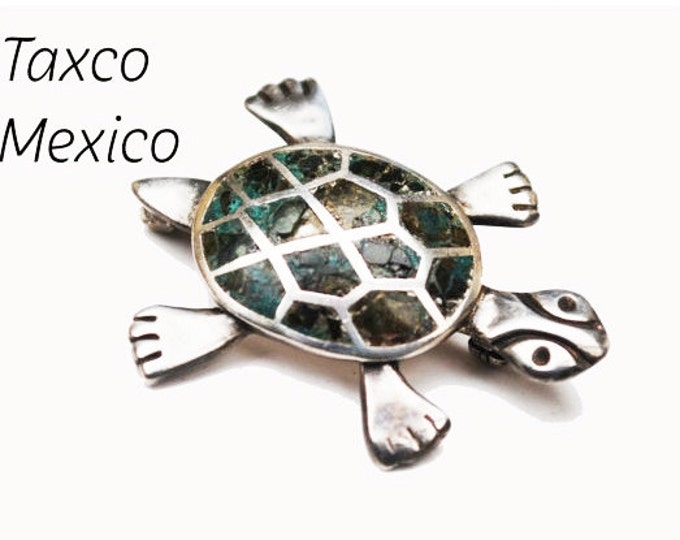 Sterling Turtle Brooch - Abalone shell inlay - Taxco Mexico - eagle assay mark 3 MM