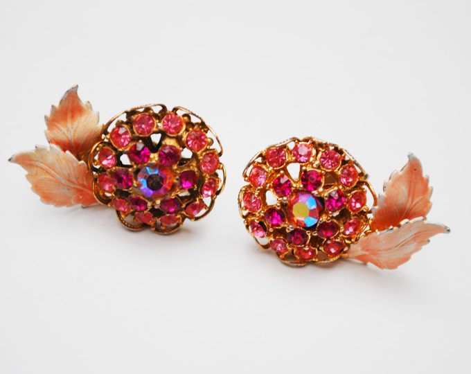 Pink Rhinestone Earrings - Enamel leaf - Flower floral -Mid Century - clip on -Aurora Borealis