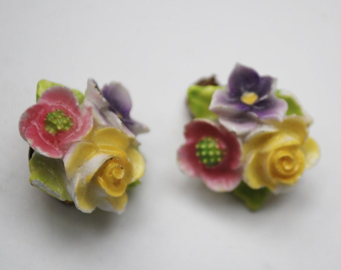 Artone Flower Brooch earring set - Bone China -Pink Blue ceramic -Made in England - Floral pin =Clip on earrings