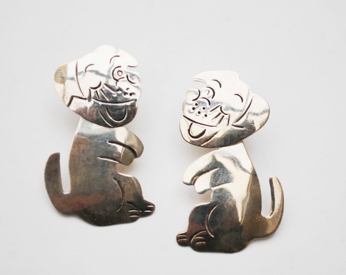 Sterling Dog Earrings - Mexico Taxco - Dangle pierced earrings
