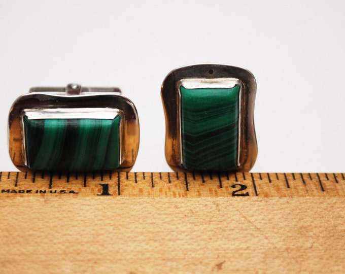 Sterling Malachite Cuff link - Green Gemstone - Retangle cufflink