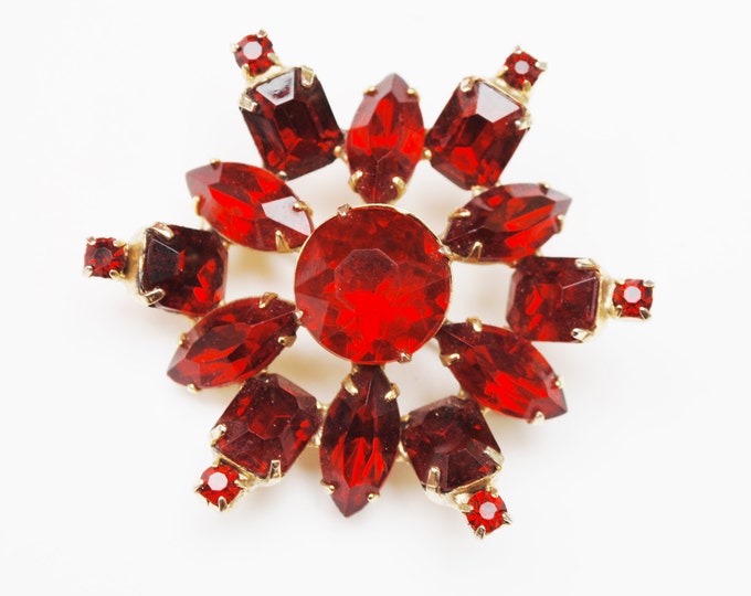 Ruby Red Rhinestone Brooch - Snowflake Atomic Pin - Mid Century