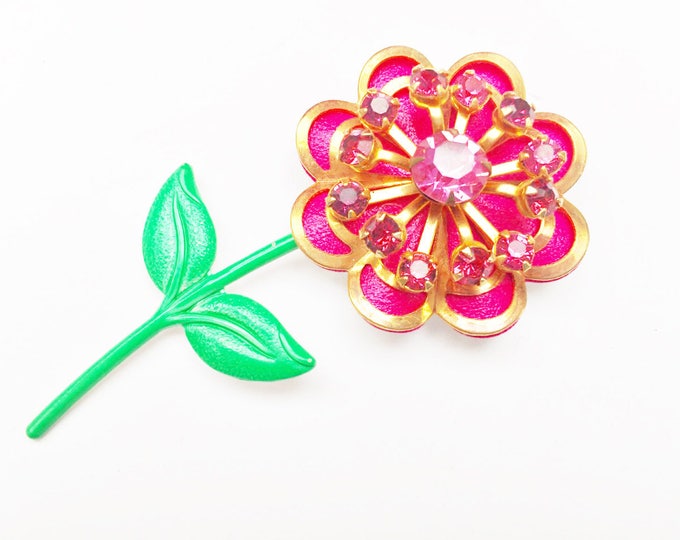Pink Flower Brooch - Enamel flower - Rhinestone - floral Pin