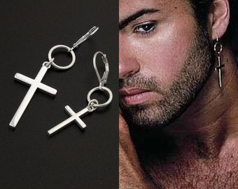 George Michael Earring Cross Earring sterling silver George Michael Hang Hoop earring , One piece Unisex earring memorial jewelry