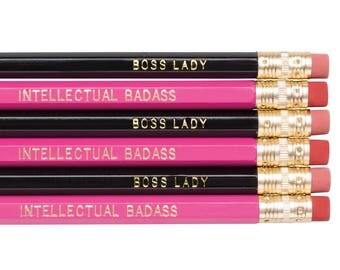 INTELLECTUAL BADASS and Boss Lady pencils. Back to school supplies. Funny pencil set. Pink and black pencils. Back to school supplies.