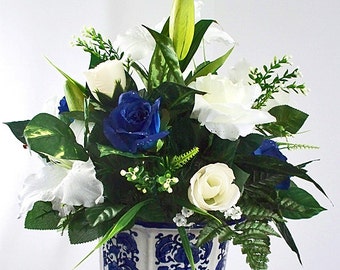 White Navy Blue Church Decorations Silk Flower Arrangement Floral Centerpieces Lily Roses Flowers Arrangements Altar Ceremony Wedding Easter