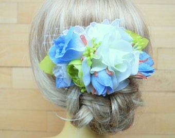 Serenity Blue Green White Rose Bridal Hair Comb, Bridal Flower Comb, Spring Weddings Accessories, Blue Green Bridal Hair Combt, Prom, Prop