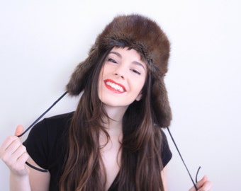 Brown Fur Trapper Hat . 1960s hat Brown Fur Hat Winter Hat Brown fur flap hat 60s hat vintage fur hat vintage hat mink hat