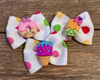 Set of 3 Sweet Treats Hair Bows-Desserts Bows-Donut Baby Bow-Donut Dog Bow-Tiny Ice Cream Bow-Tiny Popsicle Bow-Sweets Baby or Dog Hair Bows