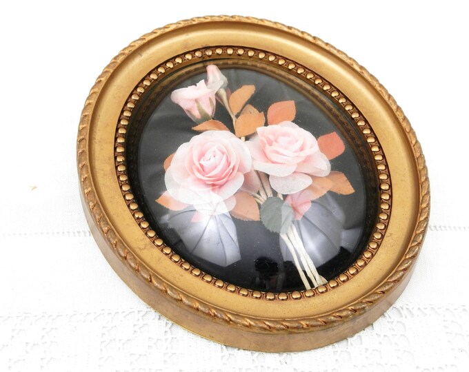 Vintage French Oval Domed Glass Picture Frame with Silk Rose Flower Composition, Floral Arrangement Wall Hanging, Mid Century, 1950s, 1960s