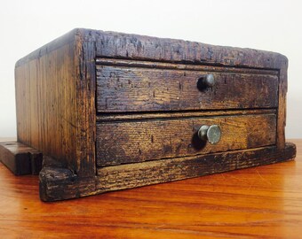 Primitive LockSmith Wood 2 Drawer Cabinet Worn 1930's