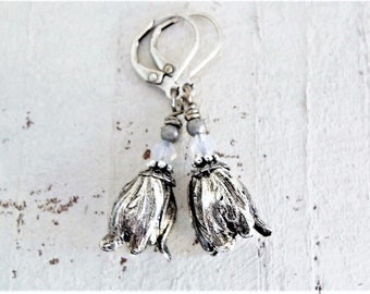 Vintage Inspired Silver Tulip Earrings Antiqued Silver Dangles Romantic Gift For Her Flower Earrings Wedding Jewelry Bridal Earrings