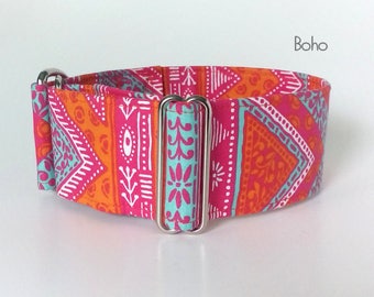 bohemian dog collar *Boho* pink, orange, aqua, custom, martingale collar, pink martingale, buckle collar; 1"- 2" wide; greyhound collar