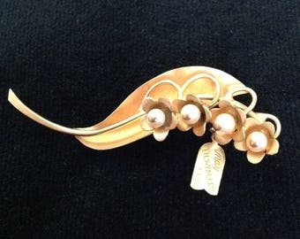 12K Gold filled brooch pin designer signed IPS 12kt May birth flower Lily of the Valley retro chic jewelry