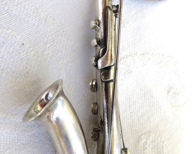 Vintage Sterling Saxophone Brooch, Highly Detailed Saxophone Pin, Musical Instrument Jewelry