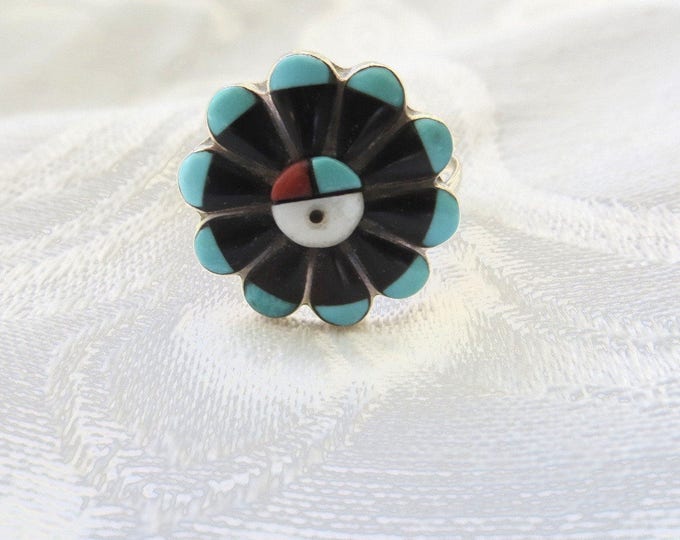 Zuni Sun Face Ring, Signed RJV Zuni Artisan, Vintage Native American Jewelry, Size 7.5