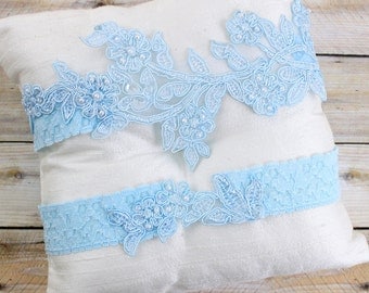 Something Blue, Pearl Beaded Light Blue Lace Wedding Garter Set, Light Blue Bridal Garter,Blue Wedding Garter Belt