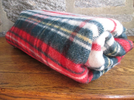 Vintage Red Green and White Wool Plaid Blanket