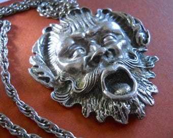 Ancient Face-Mask Sterling Silver Pendant Necklace, Art Nouveau, Vintage