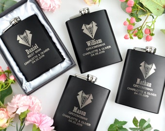 5 x Engraved Bridal Party Hip Flask Black including Presentation Gift Box