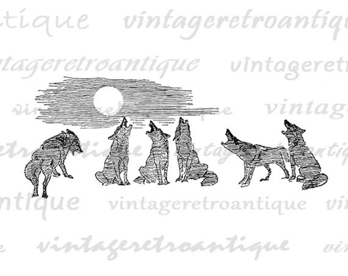 Wolves Howling at the Moon Printable Graphic Image Wolf Illustration Digital Download Artwork Antique Clip Art HQ 300dpi No.1192