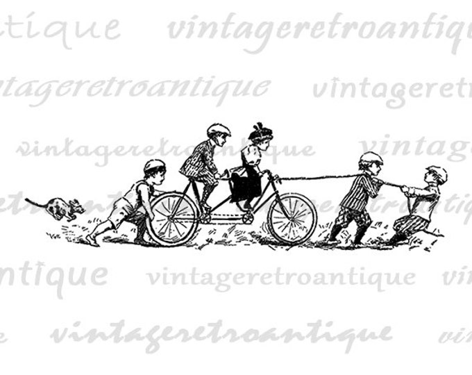 Antique Children Riding Two Seat Bicycle Digital Graphic Image Download Printable Vintage Clip Art Jpg Png Eps HQ 300dpi No.4184