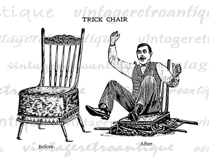 Printable Trick Chair Old Fashioned Cartoon Antique Graphic Download Image Digital Illustration Vintage Clip Art HQ 300dpi No.1801