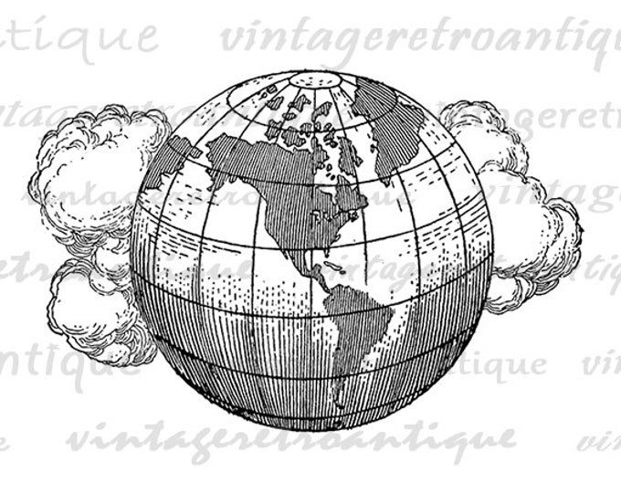 Digital Printable Earth Globe with Clouds Download Planet World Image Graphic Vintage Clip Art for Transfers Printing etc HQ 300dpi No.2972