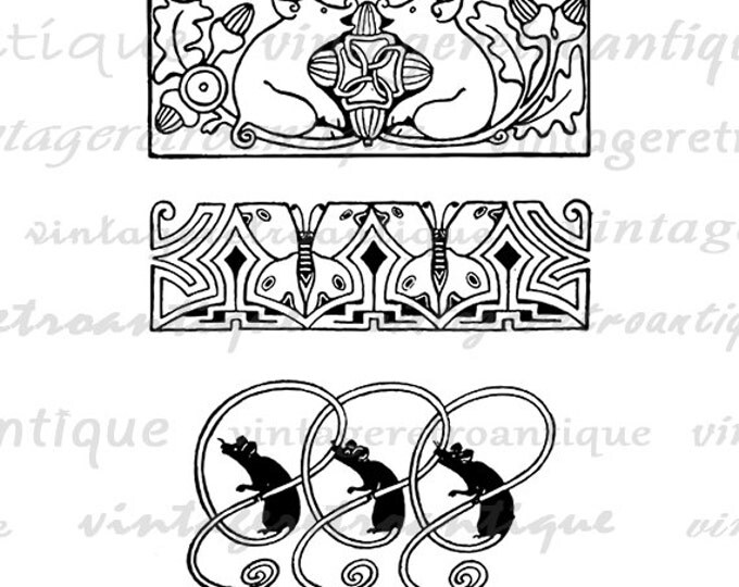 Digital Image Geometric Animal Ornaments Graphic Pig Butterfly Mouse Download Banner Printable Antique Clip Art HQ 300dpi No.3858