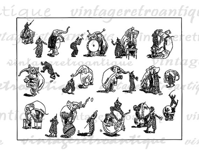 Clown and Elephant Graphic Printable Digital Circus Collage Sheet Image Download Antique Clip Art Jpg Png Eps HQ 300dpi No.3420