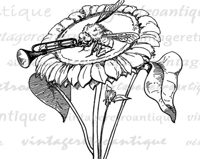 Digital Graphic Bee Playing Trumpet on Flower Download Music Illustration Printable Image Vintage Clip Art Jpg Png HQ 300dpi No.3922