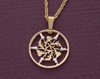 Great Britian Six Pence Pendant and Necklace, British Six Pence coin Hand Cut, 14 Karat Gols and Rhodium PLated, 3/4 " in Diameter,( # 129 )