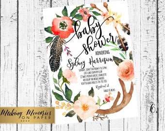 Boho Baby Shower Invitation, Flower Baby Shower Invitation, Bohemian, arrow, Aztec, Bohemian Shower invitation, feathers, Its a girl