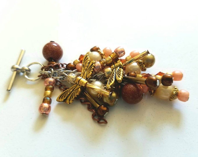 Interchangeable Brown Gold Copper Beaded Dragonfly Wing Toggle Pendant