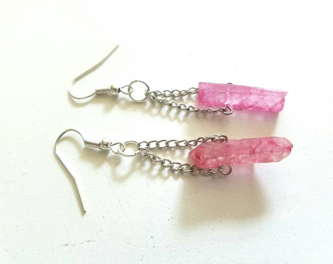 Pink Quartz Crystal Dangle Chain Earrings