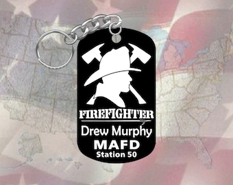 Firefighter Fire Dept - GI Dog Tag Keychain - Super Hard Black Anodized - Personalized