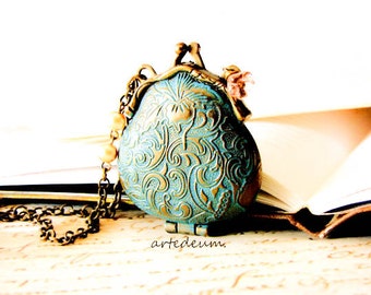 Purse necklace with custom message inside Personalized locket in Blue verdigris and Antique Bronze christmas gift for her - Keepin' the Love