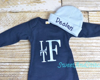 Baby boy monogrammed gown navy, baby boy take home outfit, monogrammed newborn gown, hospital hat - Baby boy layette, baby shower gift