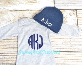 Baby boy monogrammed gown gray and navy, baby boy take home outfit, monogrammed outfit gray and navy - Baby boy gift set, baby shower gift