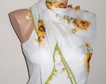white yellow green scarf floral print scarf yemeni scarf oya scarf shawls wedding accessories gift for her fashion scarf