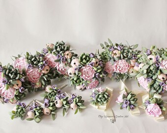 Wedding Set Alternative wedding bouquet Keepsake Succulent Bridal bouquet Lavender bouquet Pink Blush Peonies Wedding bouquet Clay flowers