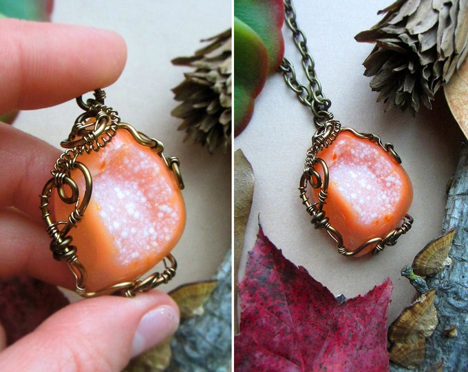 Wire wrapped necklace "Galaxy" with beautiful orange Druzy Agate (geode crystal). Custom length chain.