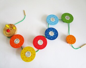 Vintage wood candle holder caterpillar birthday table decoartion, happy birthday decoration, up to 6 years of age