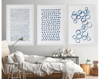 Large Wall Art, Blue Abstract Art, Set of 3, Blue Abstract Painting, Minimalist Print, Navy Blue Art Print, Indigo Art, Minimalist Wall Art