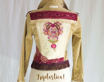 Altered Couture Jacket,Upcycled Jean Jacket, Wearable Art Clothing, Art to Wear, Triptastica Eco Couture