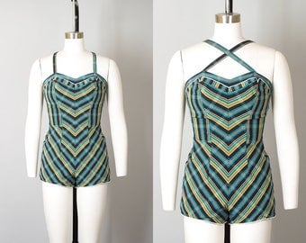 Vintage 1950s Swimsuit | 50s CATALINA Plaid Chevron Criss Cross Straps One Piece Pin Up Bathing Suit Romper Playsuit (xs/small/medium)